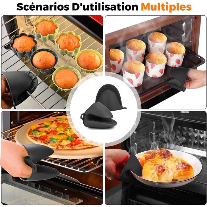 Lot de 4 gants de cuisine en silicone résistants à la chaleur, anti-brûlure et antidérapants en silicone de qualité alimentaire pour cuisine, pâtisserie et grill, gris et noir