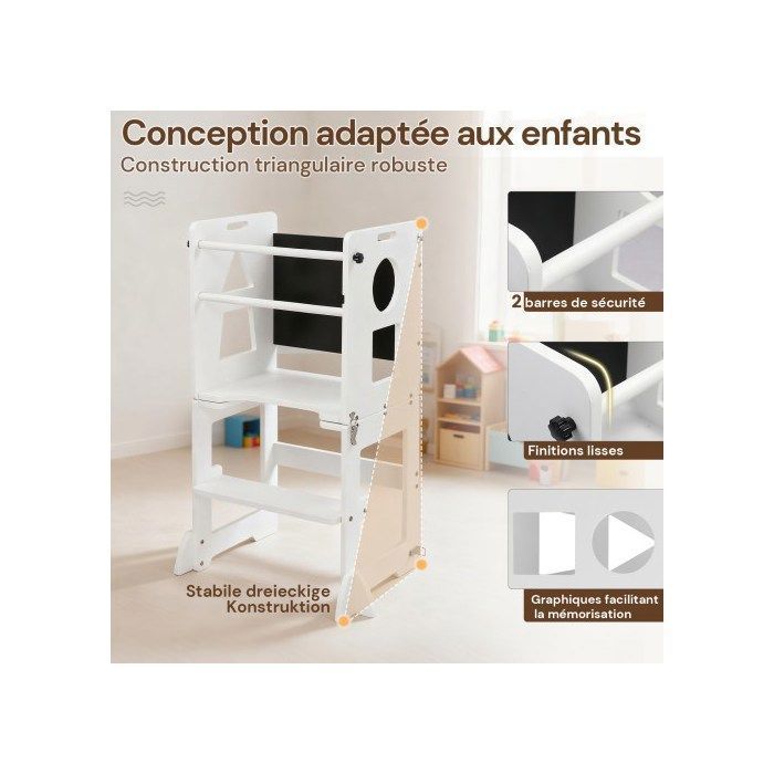 Tour Sécurité Tour D'apprentissage Montessori CHILDHOME - Sécurisée 2 Hauteurs 90cm Blanc Marchepied Enfant 2 Hauteurs