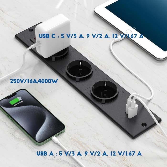 Bande D'alimentation Encastrable Avec USB C 20W Charge Rapide – 2 Prises + USB A – Longueur 6ft