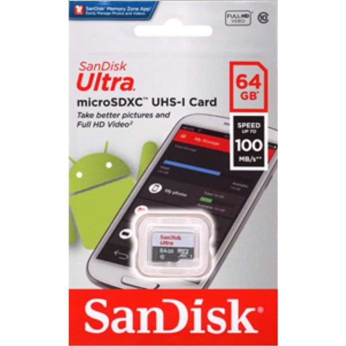 Carte mémoire microSD HC 64GO SanDisk ultra 100mb/s