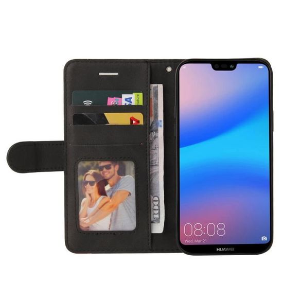 FMPC Coque pour Huawei P20 Lite Tenphone Etui Protection Housse Premium PU en Cuir Livre Cover Antichoc Magnétique Portefeuille Noir