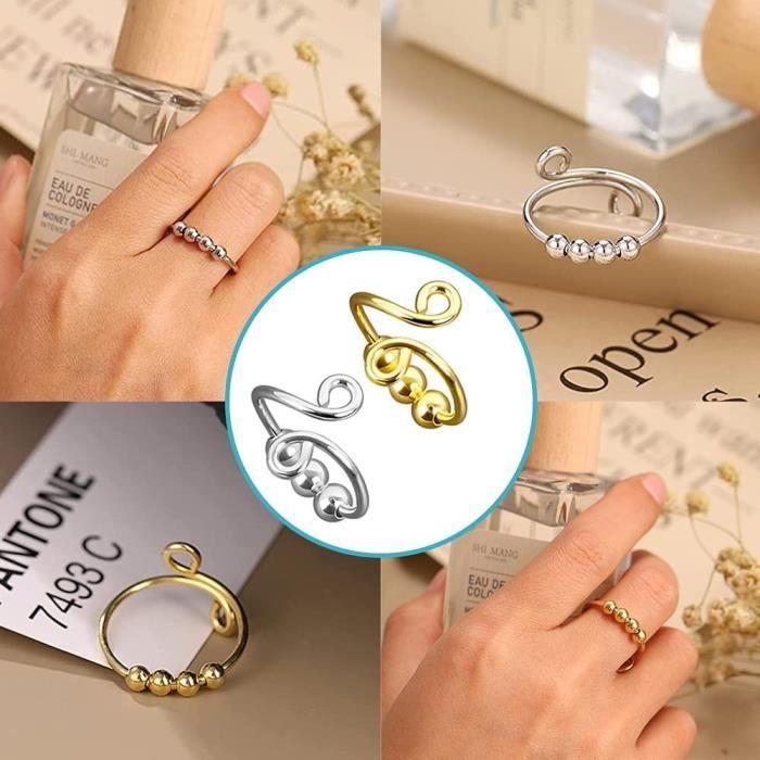 Bague Ouverte Réglable Anneau Femme Bague tournante avec perles en spirale  qui tournent librement,tendance, bijou cadeau pour femme