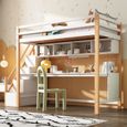 MISNODE Lit mezzanine pour enfants 90*200cm, en bois de pin,, Lit bébé avec grand bureau et étagères, naturel et blanc-0