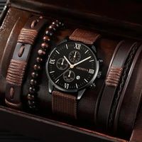 Ensemble 4 pcs Montre luxe Homme Militaire élégante Date + 3 bracelet cuir assortis cadeau idéal