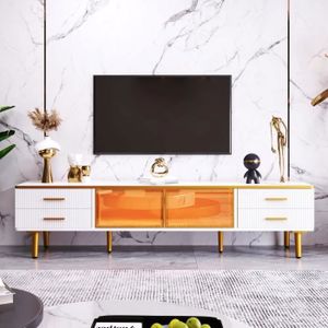 MEUBLE TV Meuble TV LED - ENF1TROUV - Aspect marbre - 4 tiroirs - 2 portes en verre trempé marron