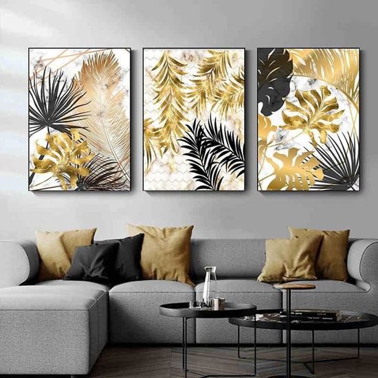 Tableau Toile Africaine Abstraite Noir Et Or - 40x70 Cm Avec Cadre En Bois, Prêt à Accrocher (décoration Salon)