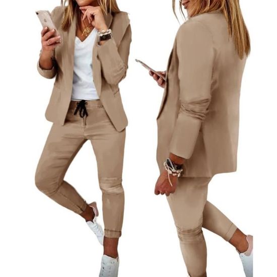 Tailleur Femme Couleur Unie Kaki Ensemble Blazer et Pantalon Slim Fit Kaki Cdiscount Pret a Porter