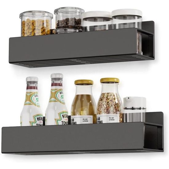 KedioPio Lot De 2 Étagères Magnétiques Frigo – Porte-Épices Aimanté Métal Noir + 4 Crochets, Rangement Cuisine Gain De Place 5 Kg