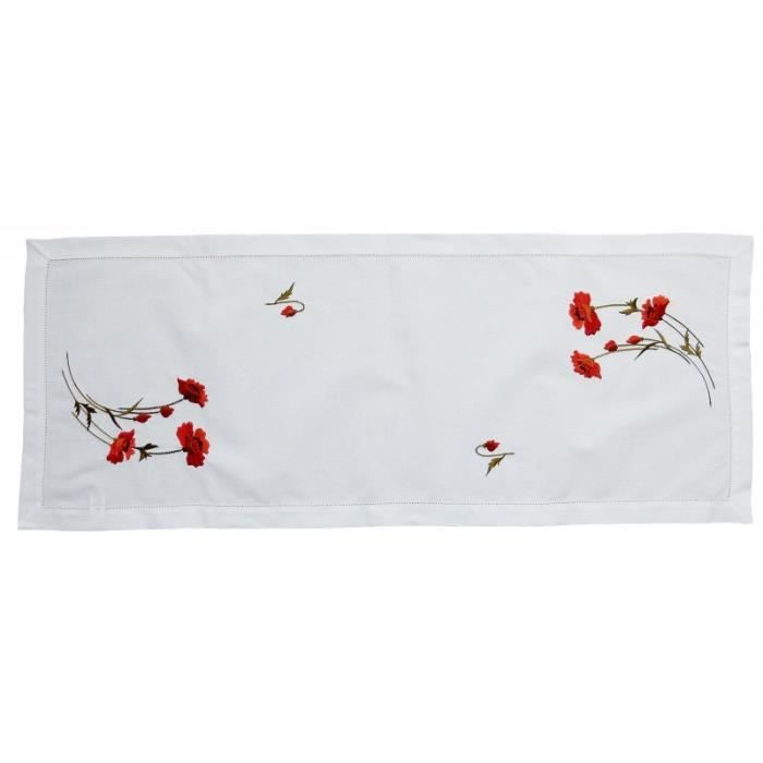 Chemin de table brodé blanc 40x100cm Coquelicots