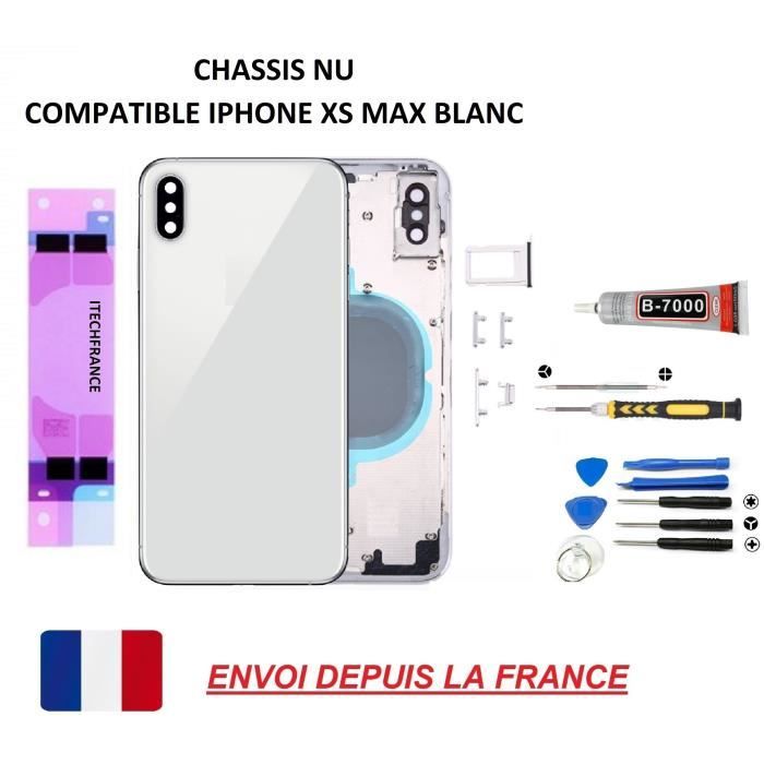 ITECHFRANCE® Châssis arrière nu compatible iphone XS MAX BLANC vitre arrière, qualité origine, kit outil,lame souple,tournevis, coll