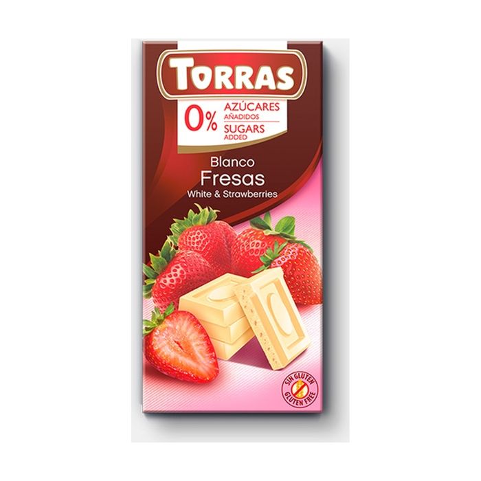 Chocolat Blanc-Fraise sans sucre ajouté et sans gluten (75g) Torras