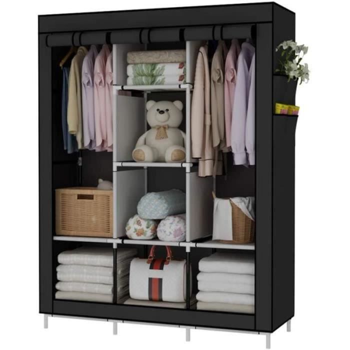 TL25568-Garde-Robe transportable Armoire de Rangement Penderie en Tissu intissé avec Portes coulissantes, Noir