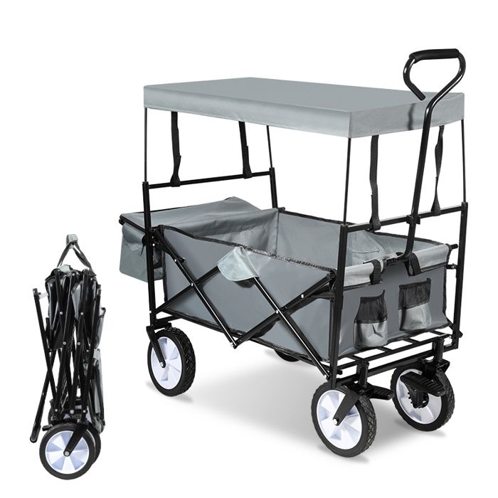 Riossad Chariot de jardin avec Toit Chariot de transport pliable Charrette à bras Remorque Gris CHARIOT DE MARCHE