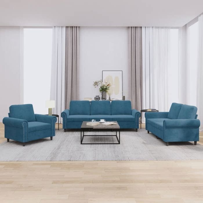 vidaXL Ensemble de canapés 3 pcs avec coussins Bleu Velours 3202179