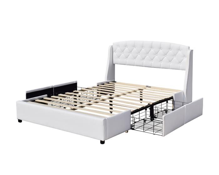 Lit Iris - Lit 140x190 avec Sommier et 4 tiroirs + Tête de lit BLANC + Pieds 4 cm - 2 x 13 Lattes - PVC Simili