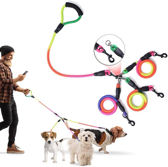 Meilleurs prix pour Laisse Triple pour Chien, 3 en 1 Amovible et Réglable, 75 Pouces Double Laisse pour Chien, Boucle Anti-enchevêtrement