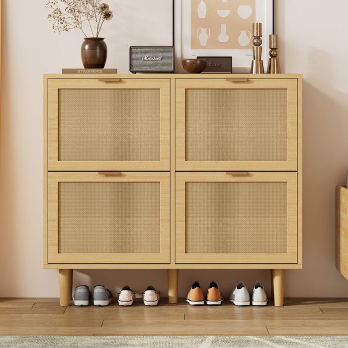 Meuble a chaussures 100x25x90 cm avec 4 tiroirs rabattables Armoire à chaussures avec poignées métalliques Meuble entree en rotin