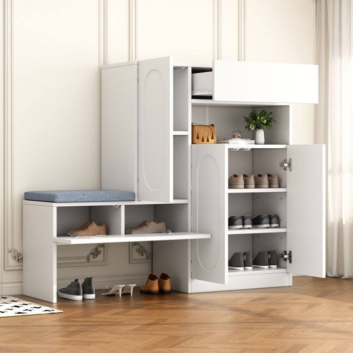 Armoire à chaussures 130x35x110 cm avec porte rabattabl Meuble a chaussures avec banc et compartiments Meuble entree en blanc