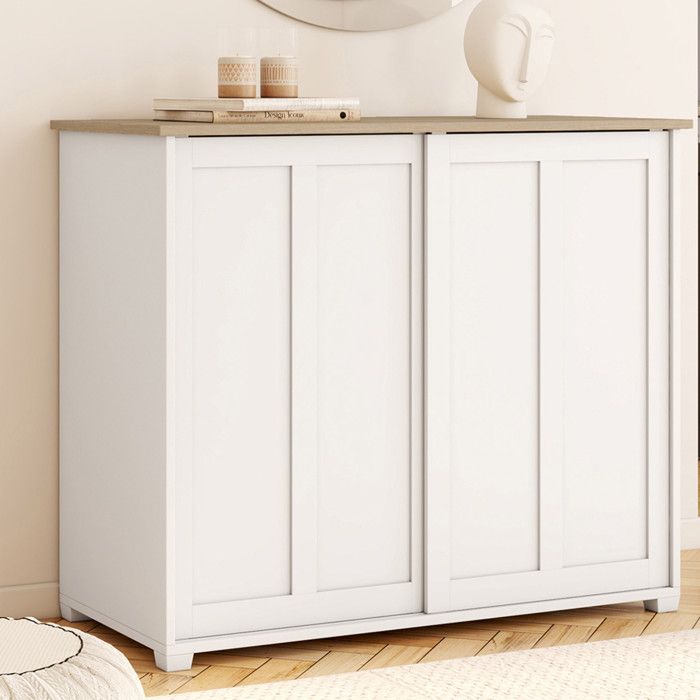Buffet Bas Jango 2 Portes Coulissantes Blanc Et Plateau Bois - 100 Cm De Long, Rangement Pratique Pour Salon Ou Salle à Manger - 6