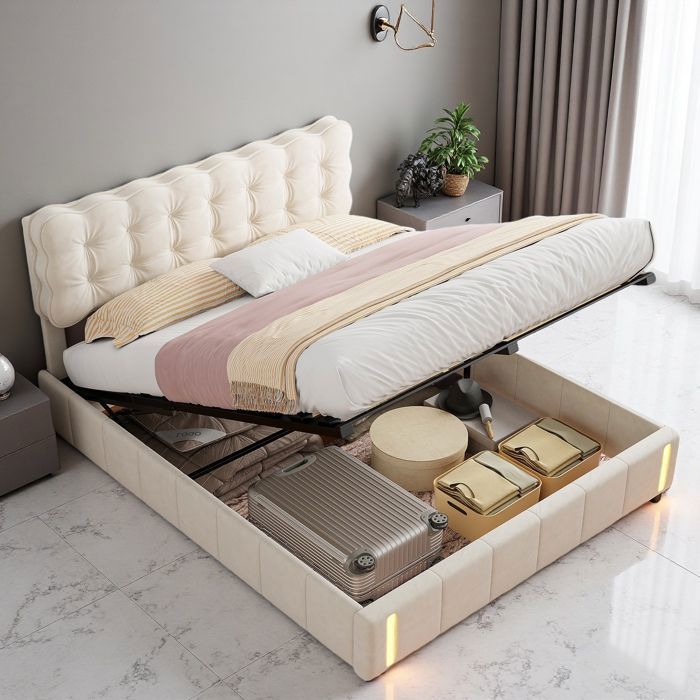 Lit hydraulique - 140x190 cm - Velours beige - LED capteur à lumière chaude - Sommier inclus