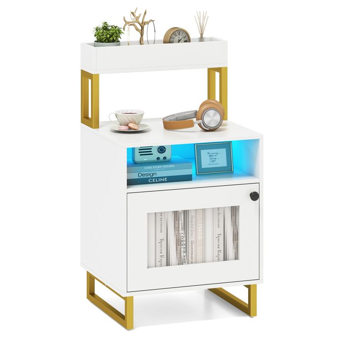 COSTWAY Table de Chevet avec Lumières LED Cadre Métallique Compartiment Ouvert et Armoire de Rangement 45 x 40 x 80 cm Blanc