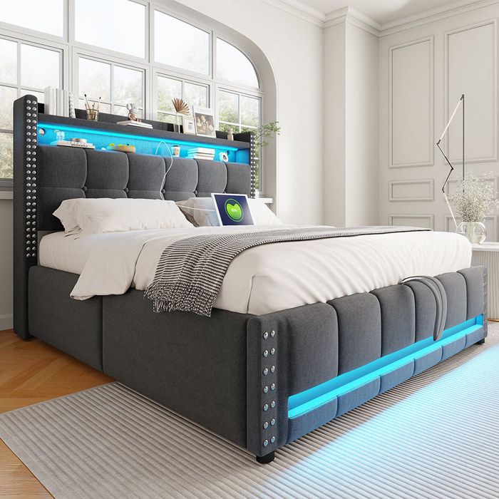 Lit coffre 160x200cm en lin - avec LED et prise USB - Coffre de rangement - Sommier à lattes - avec levier hydraulique - Gris