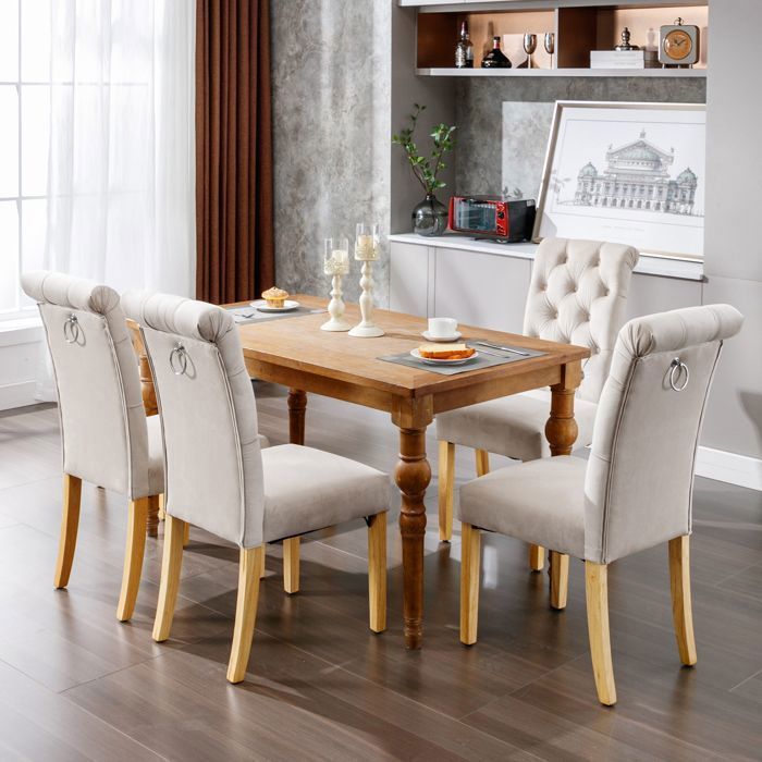 Lot de 4 Chaises Capitonnées en Velours Beige - Design avec Boutons et Pieds en Chêne - pour Salle de Manger Chambre