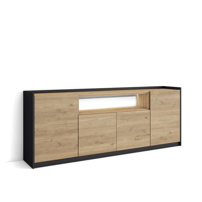 Buffet salon et cuisine 207x37x80cm 4 Portes LED Chêne et noir RF4939 Buffet salon et cuisine 207x37x80cm 4 Portes LED Chêne et noir RF4939