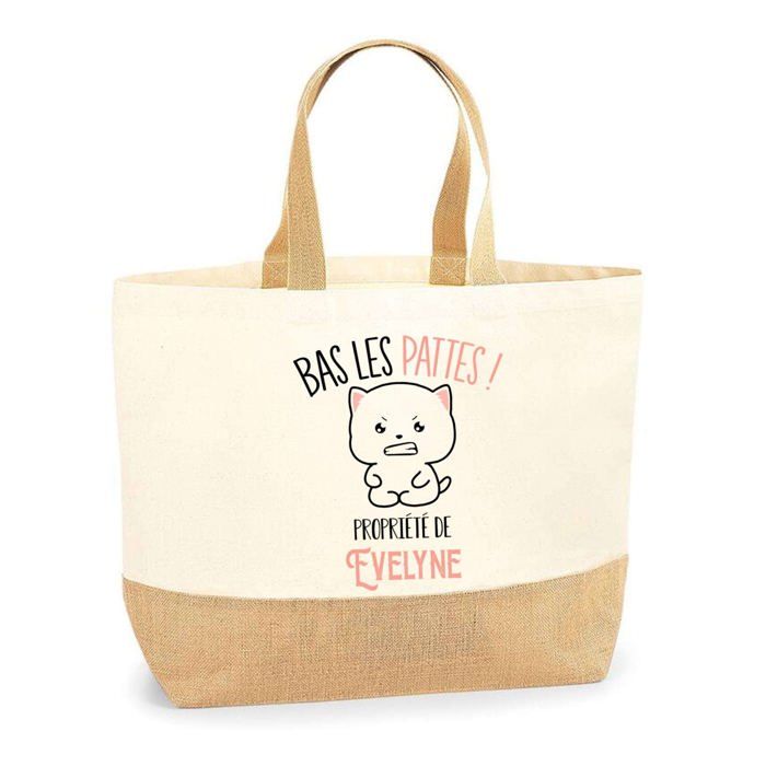 Tote bag (sac jute) - PLANETEE - Evelyne Bas les pattes - Prénom personnalisé - Jute naturel - Fabriqué en France