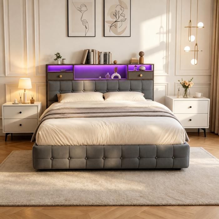 Lit double coffre en velours beige 160x200 cm avec sommier à lattes lumière LED port de chargement et de rangement hydraulique