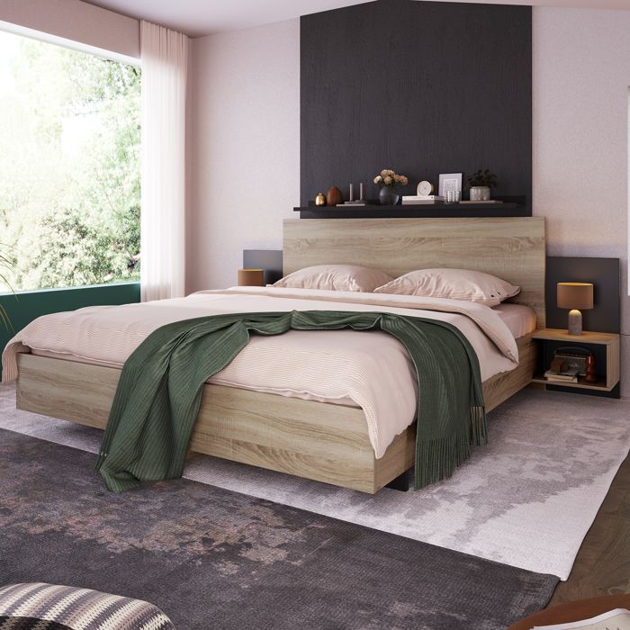 lit 160x200 lit adulte avec 2 chevets intégrés bois massif sonoma chêne et gris foncé Grjofek