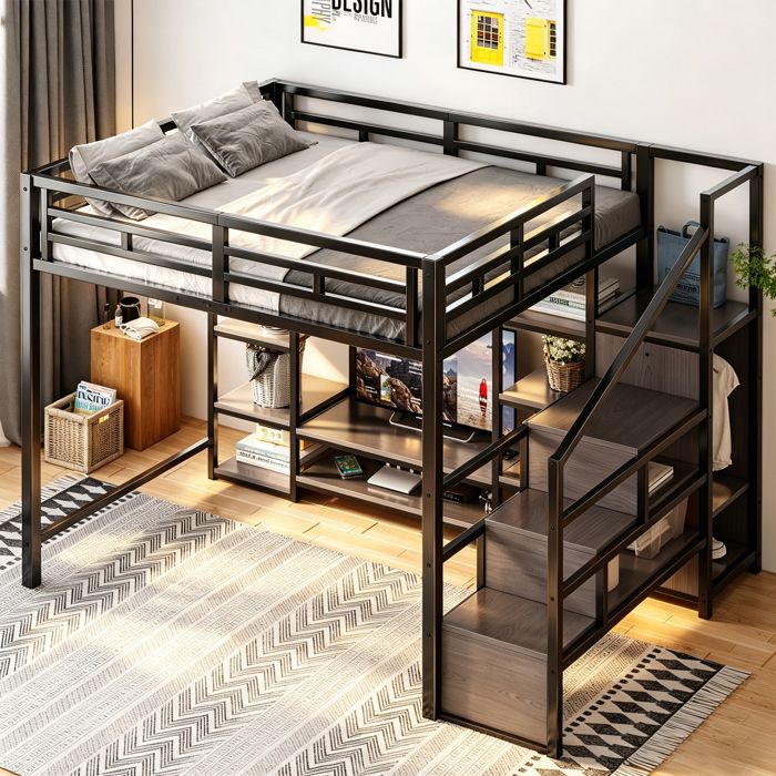 lit 140x200 lit adulte mezzanine avec support TV prise et rangement échelle métal noir GRJOFEK