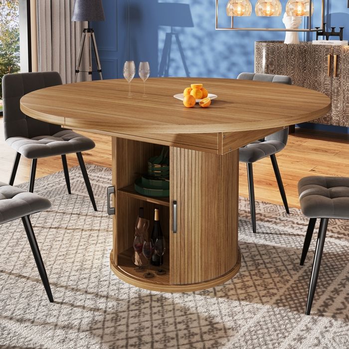 Table Ronde Salle à Manger Extensible 118/158x118x76.8cm-Table de Cuisine en Ovale avec Espace de Rangement-pour 6 Personnes-Noyer