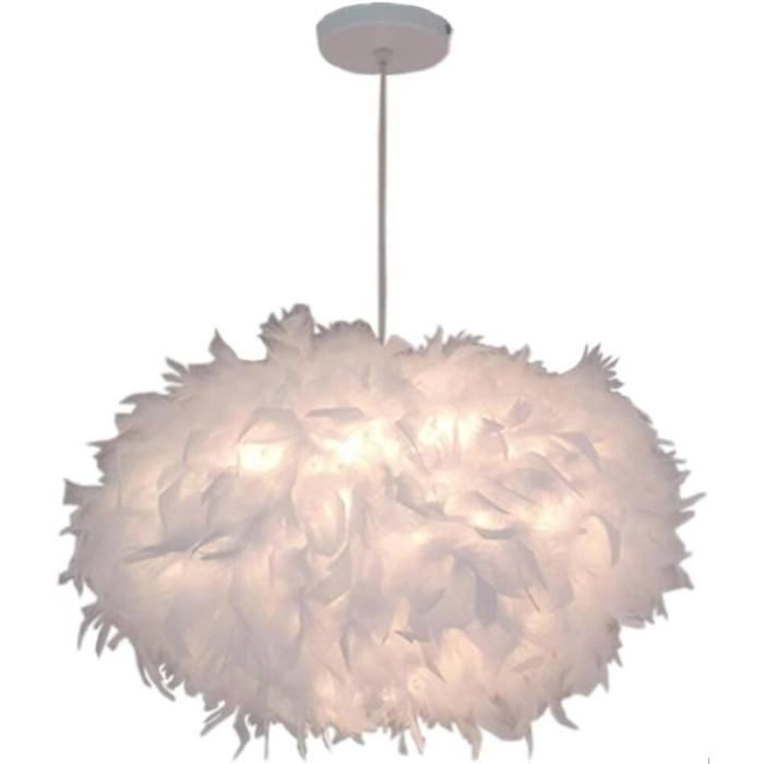 Lustre Suspension en Plume Blanche Lampe Suspendue Abat-jour en Plumes Déc E27 Luminaire Plafonnier pour Chambre Enfant Fille Bebe