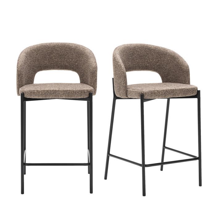 Soren - Lot de 2 chaises de bar en tissu et métal H65cm - Marron chiné Soren - Lot de 2 chaises de bar en tissu et métal H65cm - Marron chiné