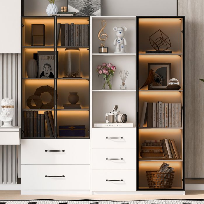 Vitrine en Verre pour Collection 140×40×160 cm Meuble Rangement Salon avec Tiroirs Bibliothèque Vitrée Vaisselier Vitrine LED Blanc