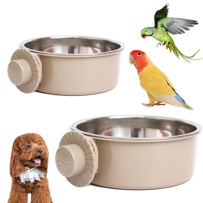 Lot de 2 Gamelles Acier Inoxydable pour Oiseaux Mangeoires Eau Suspendues pour Perroquets Accessoires Cage Gris VITDIPY