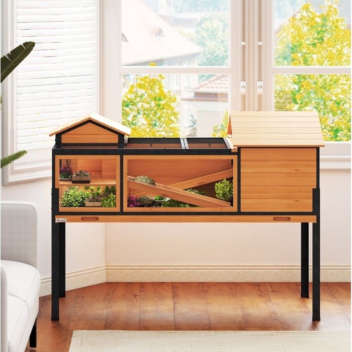 Terrarium pour tortue 2 niveaux avec 2 abris fenêtres rampe bac coulissant bois et acier 63 x 96 x 128 cm ORVRYN