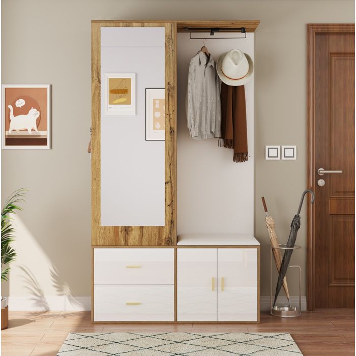 Vestiaire d’Entrée avec Miroir 2 Tiroirs 2 Portes Banc et Tringle - ELVMI - Blanc et Bois 100×38×180 cm