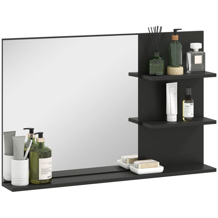 Miroir de Salle de Bain Moderne avec 3 Étagères - MDF et Verre - 75x10x48 cm - Noir