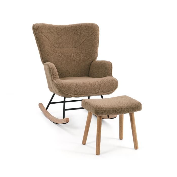 GOEURVANT Ensemble Fauteuil à Bascule avec Repose-Pied Scandinave Tissu Teddy Marron Rocking-Chair Relaxation Rembourré