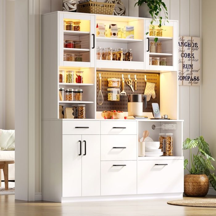 Buffet de cuisine moderne - Dimensions 185x145x40 cm - Éclairage LED RGB intégré - 5 tiroirs pratiques