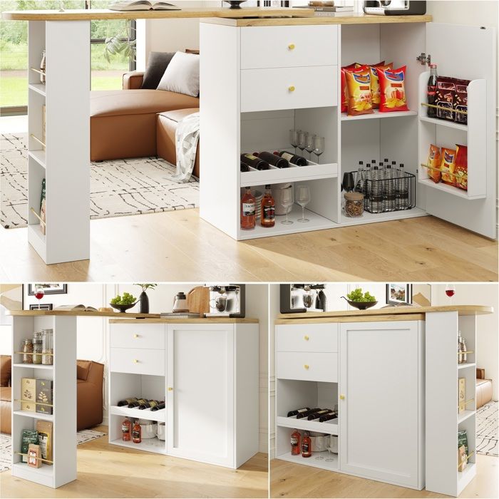LEMONMAX Table de Bar Rotative à 360° - Corps 105x39x102 cm - 2 Tiroirs - Armoire à Porte Coulissante Blanc