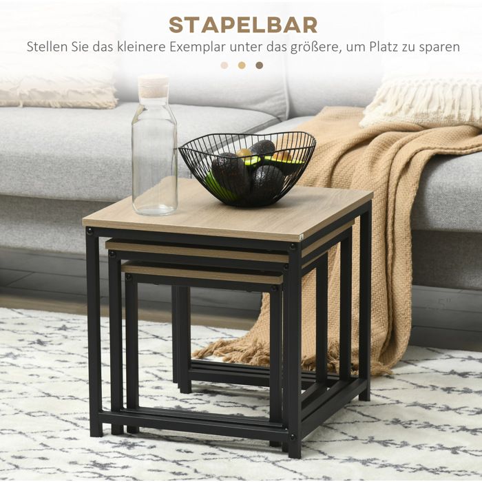 Table basse lot de 3 AESVAR design modulable aspect bois naturel et structure métal noir