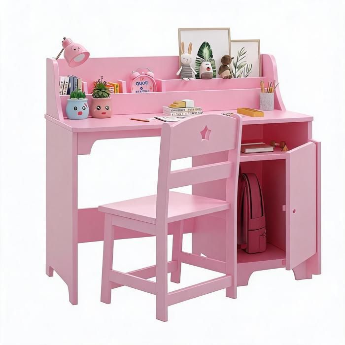 BALOVEBY Ensemble Bureau Enfant avec Chaise Ergonomique - Table dÉtude MDF avec Rangements pour 3-8 Ans  89.5*46*78 cm Rose