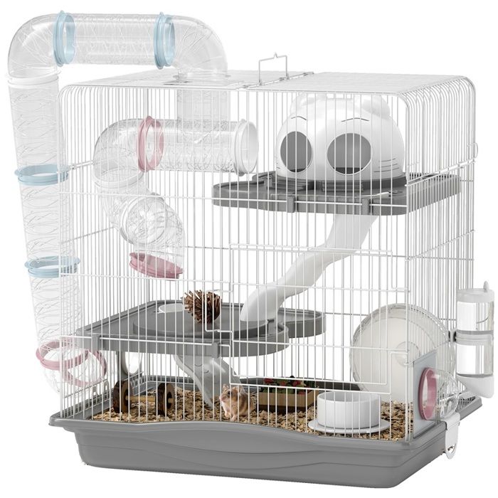 Cage à hamster à 3 niveaux et 14 tubes avec maisonnette rampe et accessoires en métal et plastique 45 x 30 x 45 cm grise