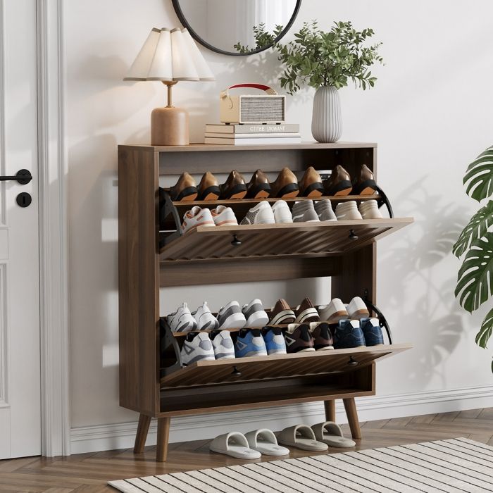 Meuble à chaussures en noyer avec 2 tiroirs rabattables-armoire de rangement à chaussures autonome pour entrée-style médiéval