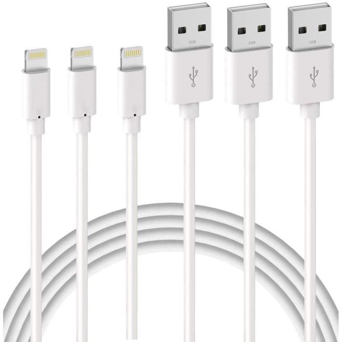 Lot de 3 Câble de Chargeur iPhone 1m Fil Lightning Charge Rapide pour iPhone 11 Pro XS Max XR X 8 7 6s 6 Plus 5 Se iPad, Cordon Blan