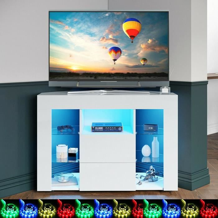 Meuble TV d'angle avec éclairage RGB LED, Armoire de Rangement, Meuble porte brillante,Blanc
