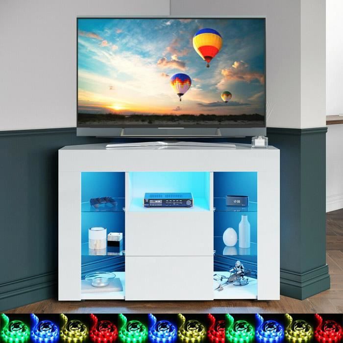 Meuble TV d'angle avec éclairage RGB LED, Armoire de Rangement, Meuble porte brillante,Blanc